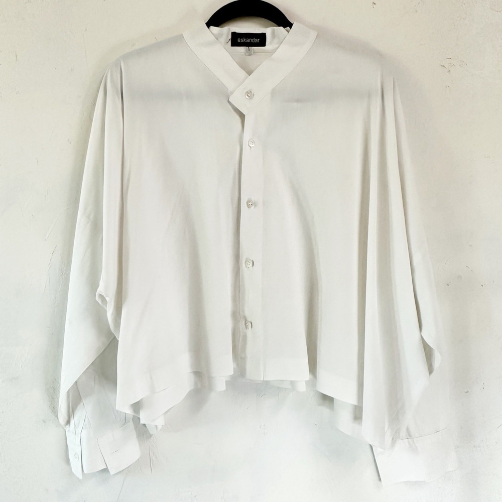 Eskandar Button Down Shirt Collared Boxy Lagenlook 100% Cotton Size 1 White